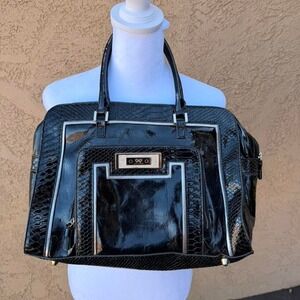 Glossy black croc embossed satchel by anya hindmarch